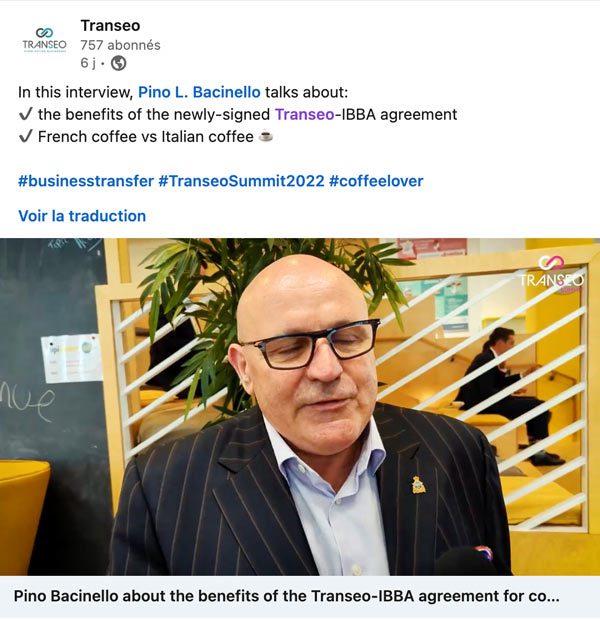 Un tweet reprenant l'interview de Pino Bacinello réalisée par l'agence Braconnier lors du Transeo Summit à Paris