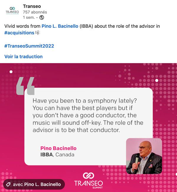 Une citation de Pino Bacinello mise en page par l'agence Braconnier pour alimenter la page Linkedin de Transeo