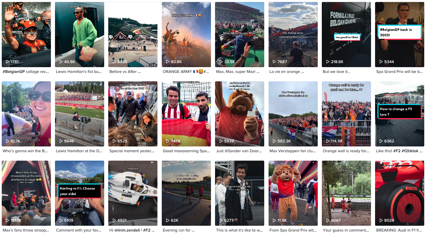 Un aperçu du feed TikTok du Spa Grand Prix pour montrer un aperçu du contenu digital créé durant l'événement