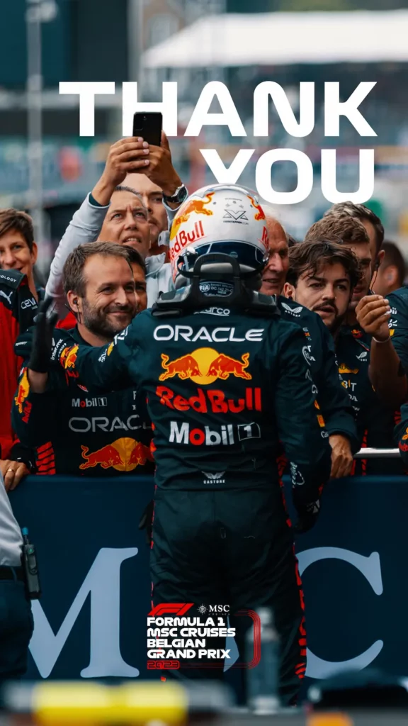 Un visuel graphique pour remercier les psectateurs du Grand Prix de Belgique. On y voit verstappen qui embrasse sa team Redbull