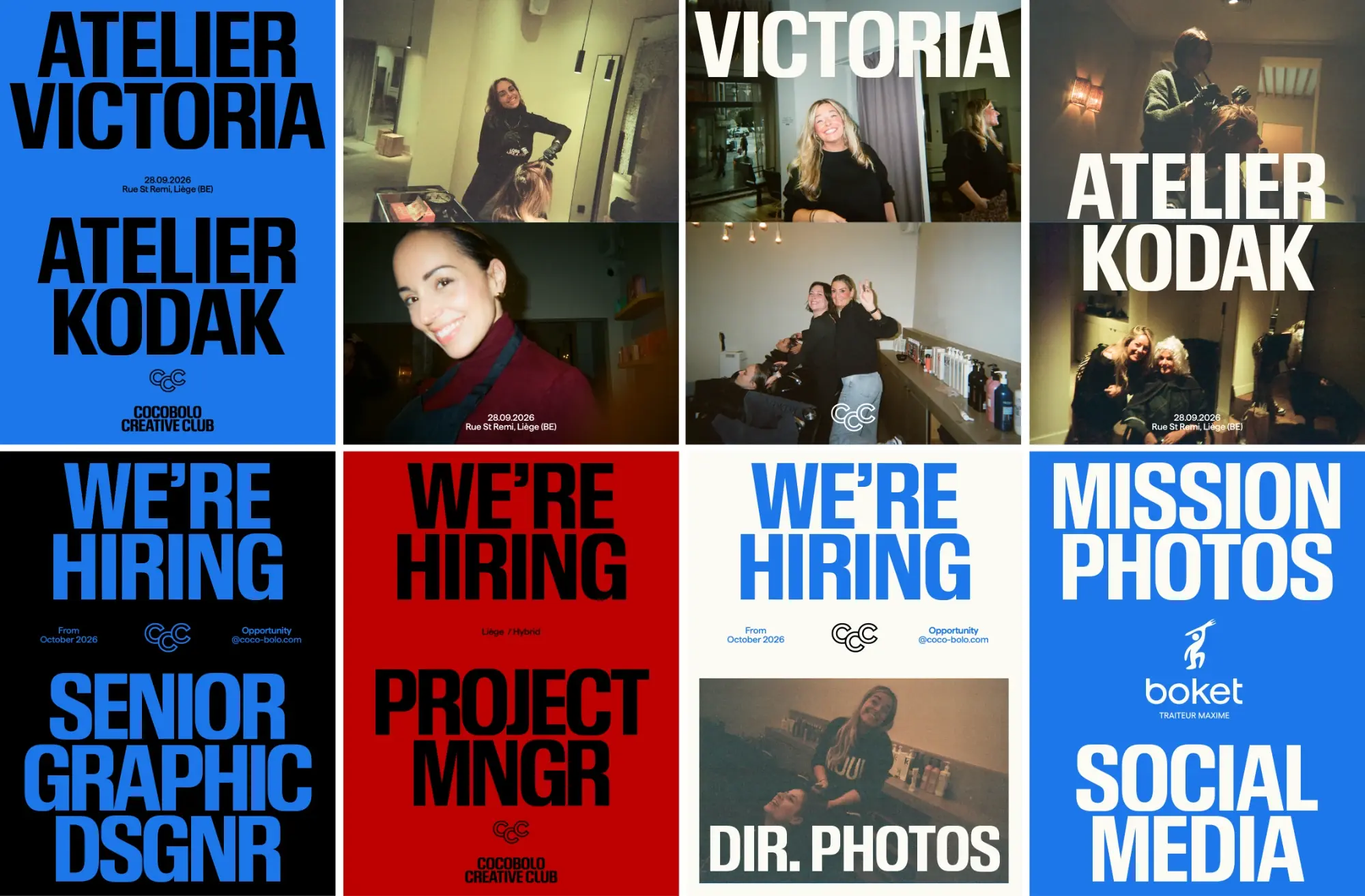Cocobolo Creative Club posters: Atelier Victoria Kodak event, We're hiring job posts and Mission Photos for Boket