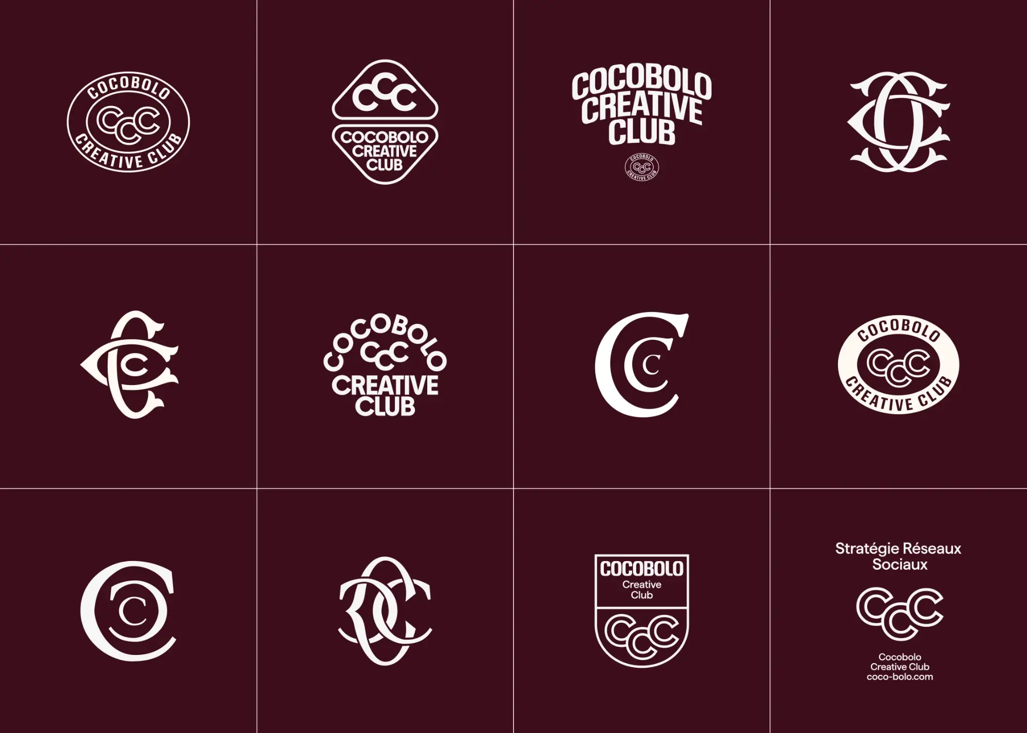 Cocobolo Creative Club logo variations: badges, monograms and wordmarks in cream on burgundy