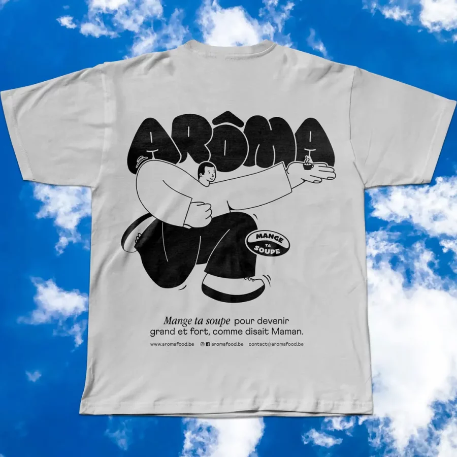 Le t-shirt aux couleurs des soupes Arôma, vu de dos